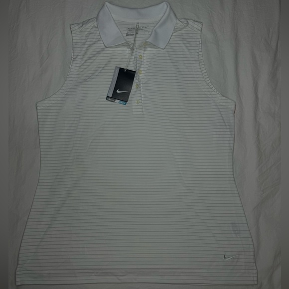NWT - NIKE Golf Polo Tour Performance DriFIT Sleeveless White Striped Large Logo - Picture 3 of 10